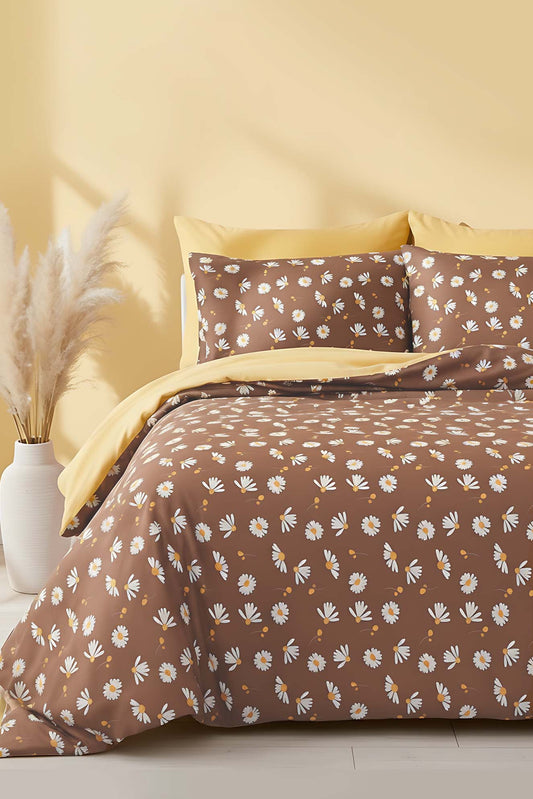 Brown Daisy Polycotton Double Size Duvet Cover Set, Zipper, 200×215 cm, 3-Piece