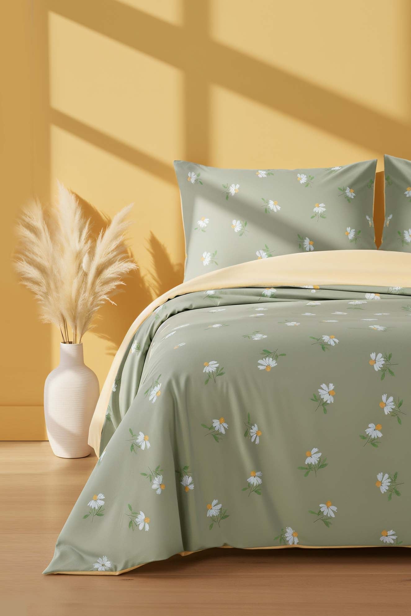 Green Daisy Polycotton Double Size Duvet Cover Set, Zipper, 200×215 cm, 3-Piece