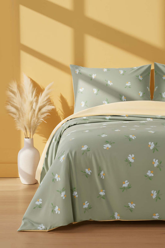 Green Daisy Polycotton Double Size Duvet Cover Set, Zipper, 200×215 cm, 3-Piece