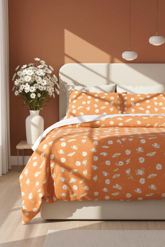 Orange Daisy Polycotton Double Size Duvet Cover Set, Zipper, 200×215 cm, 3-Piece