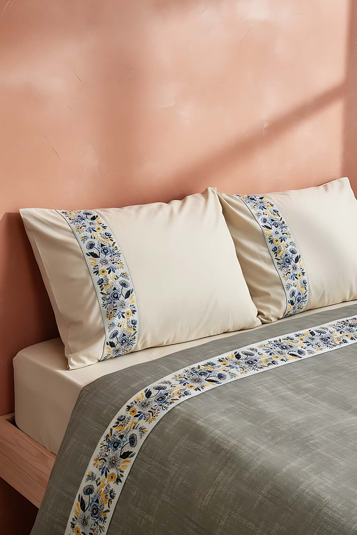 Folkart Beige Double Patterned 100% Cotton Duvet Cover Set – 4 Pieces