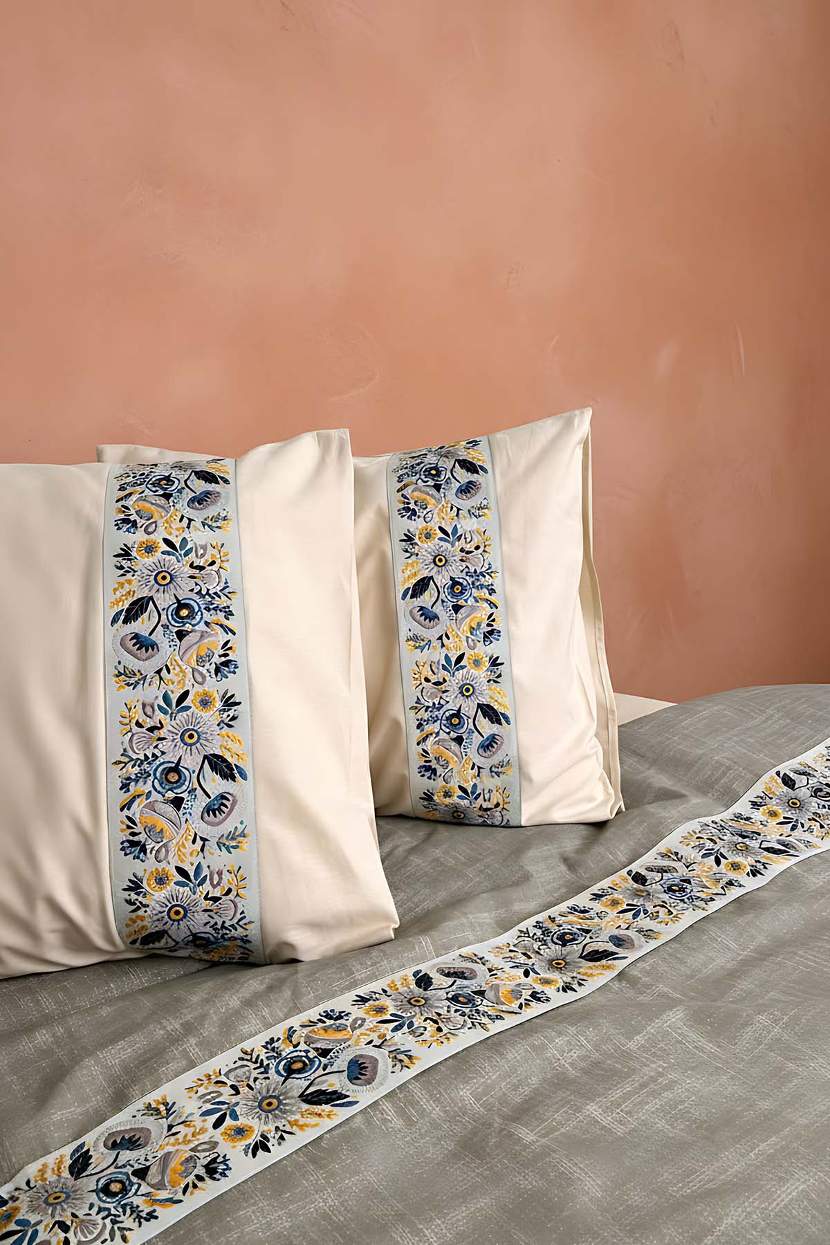 Folkart Beige Double Patterned 100% Cotton Duvet Cover Set – 4 Pieces