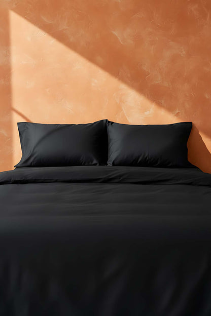 Elegant Black Satin Double 100% Cotton Duvet Cover Set – 4 Pieces