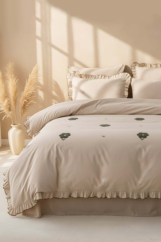 Florita Cappuccino 100% Cotton Embroidered Duvet Cover Set, 6-Piece Double Size Bedding – Breathable Fabric, 200x220 cm