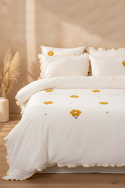 Florita Yellow 100% Cotton Embroidered Duvet Cover Set, 6-Piece Double Size Bedding – Breathable Fabric, 200x220 cm