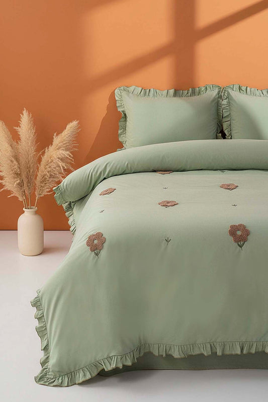Florita Green Double Embroidered 100% Cotton Duvet Cover Set – 4 Pieces