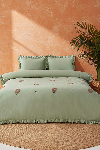 Florita Green Double Embroidered 100% Cotton Duvet Cover Set – 4 Pieces