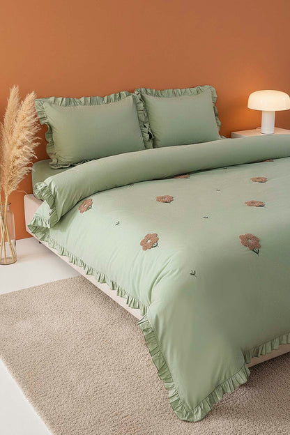 Florita Green Double Embroidered 100% Cotton Duvet Cover Set – 4 Pieces