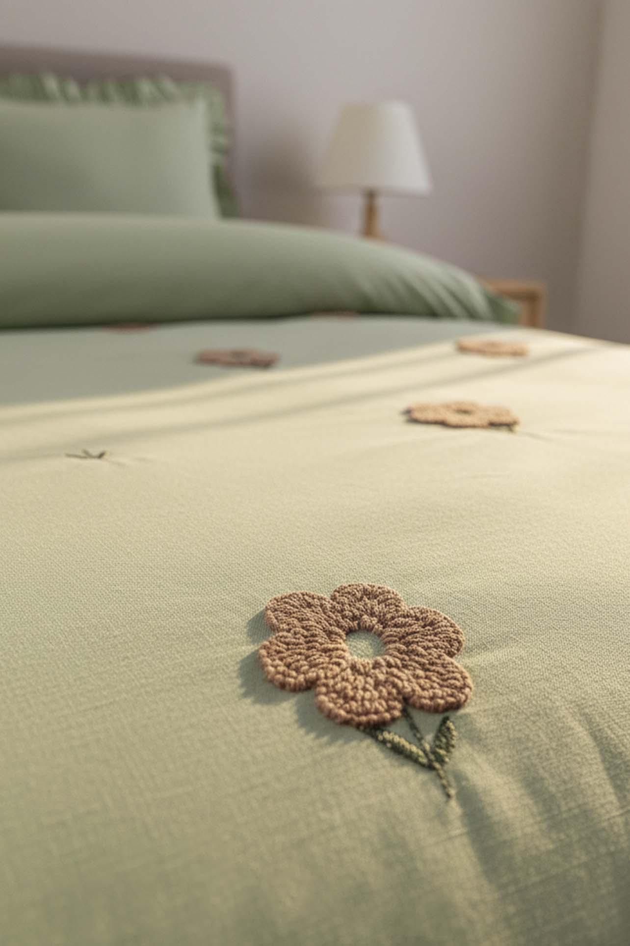 Florita Green Double Embroidered 100% Cotton Duvet Cover Set – 4 Pieces