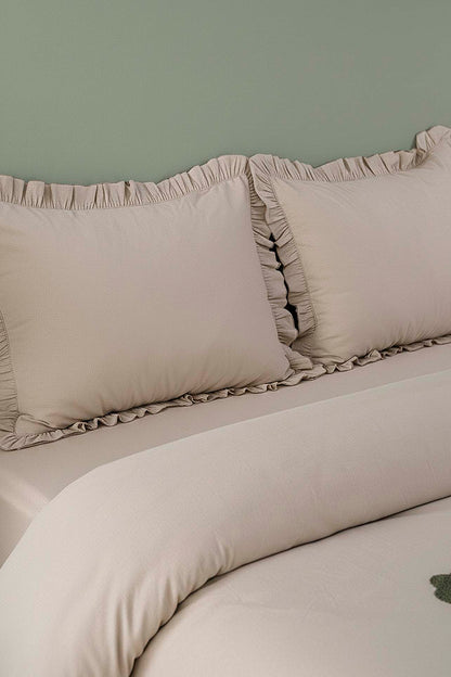 Florita Cappuccino Double Embroidered 100% Cotton Duvet Cover Set – 4 Pieces
