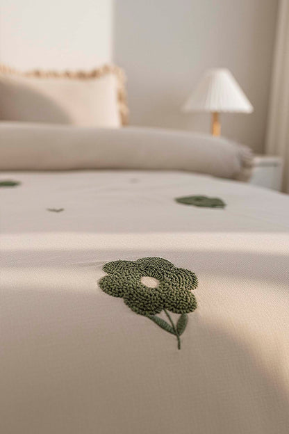 Florita Cappuccino Double Embroidered 100% Cotton Duvet Cover Set – 4 Pieces