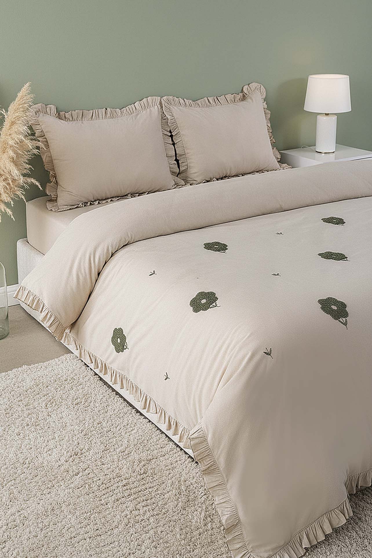 Florita Cappuccino Double Embroidered 100% Cotton Duvet Cover Set – 4 Pieces