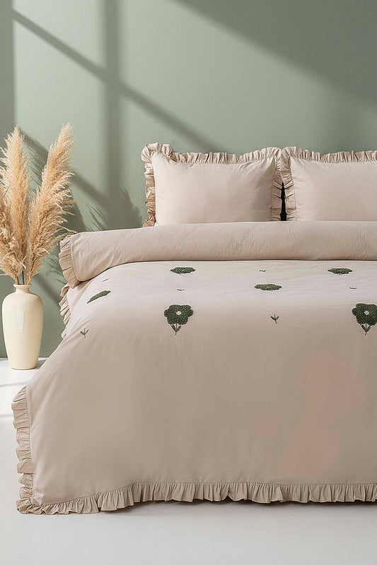 Florita Cappuccino Double Embroidered 100% Cotton Duvet Cover Set – 4 Pieces