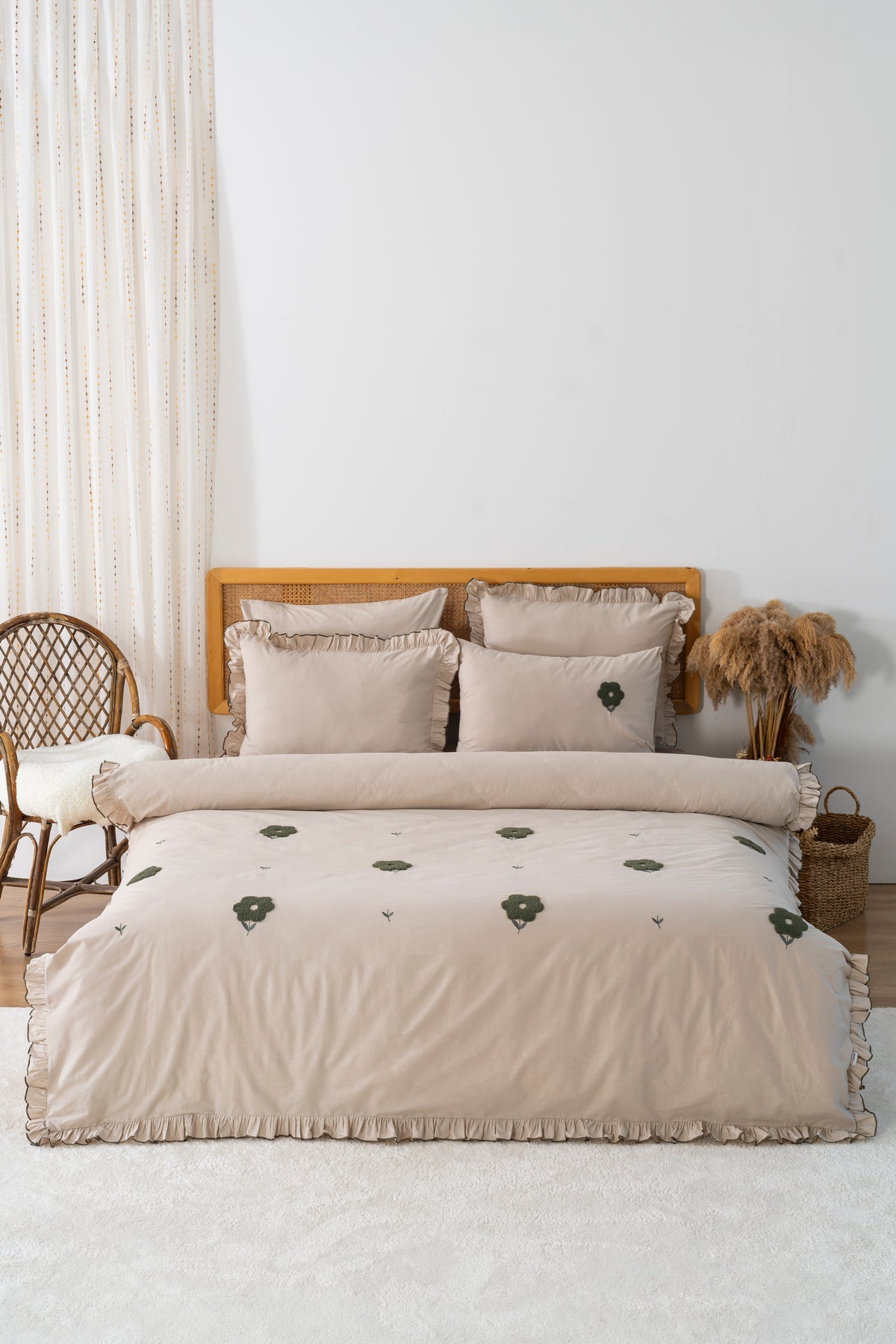 Florita Cappuccino 100% Cotton Embroidered Duvet Cover Set, 6-Piece Double Size Bedding – Breathable Fabric, 200x220 cm