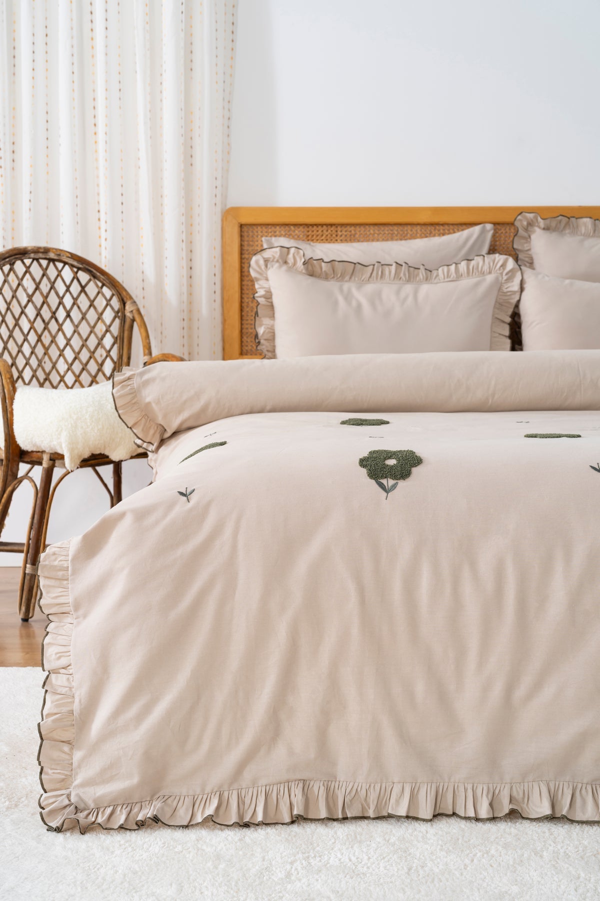 Florita Cappuccino 100% Cotton Embroidered Duvet Cover Set, 6-Piece Double Size Bedding – Breathable Fabric, 200x220 cm