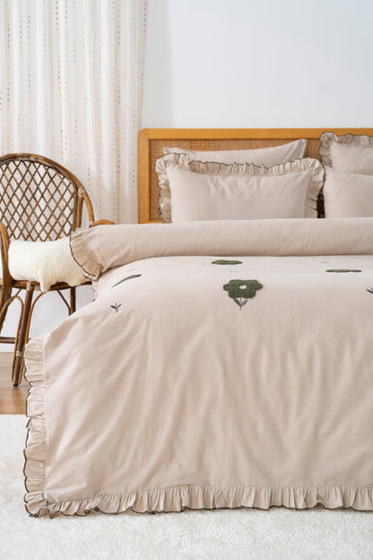 Florita Cappuccino 100% Cotton Embroidered Duvet Cover Set, 6-Piece Double Size Bedding – Breathable Fabric, 200x220 cm
