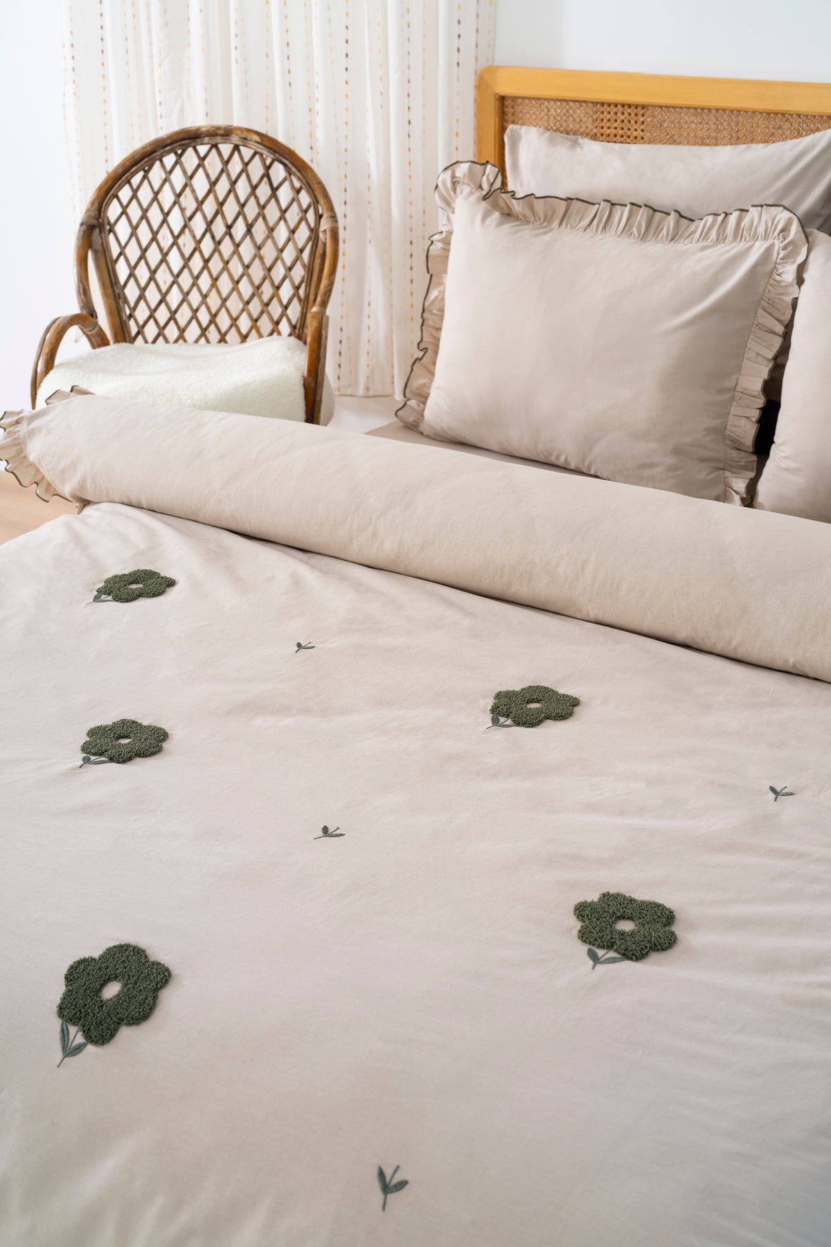 Florita Cappuccino 100% Cotton Embroidered Duvet Cover Set, 6-Piece Double Size Bedding – Breathable Fabric, 200x220 cm