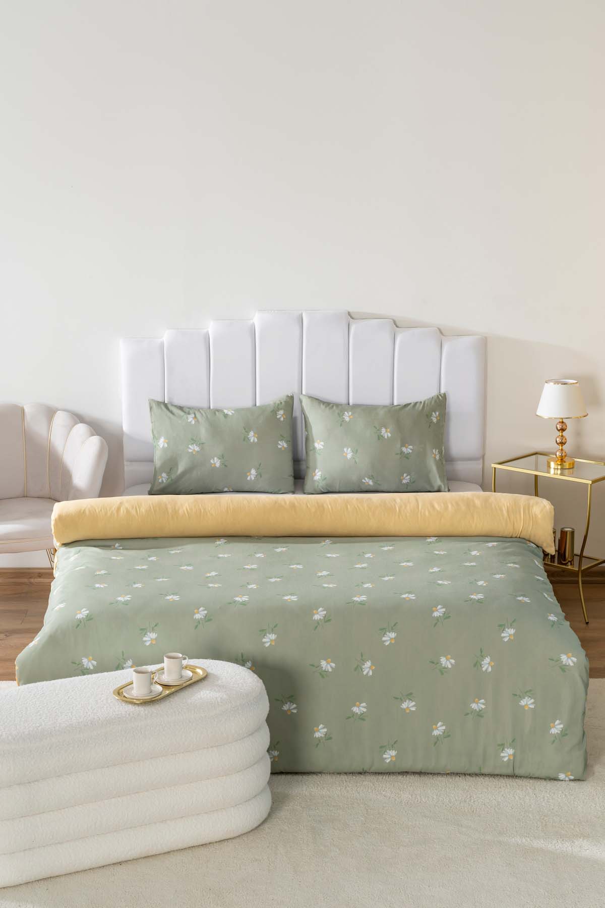 Green Daisy Polycotton Double Size Duvet Cover Set, Zipper, 200×215 cm, 3-Piece