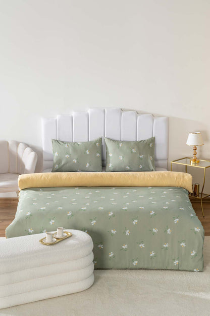 Green Daisy Polycotton Double Size Duvet Cover Set, Zipper, 200×215 cm, 3-Piece