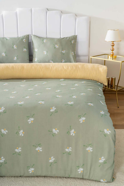 Green Daisy Polycotton Double Size Duvet Cover Set, Zipper, 200×215 cm, 3-Piece