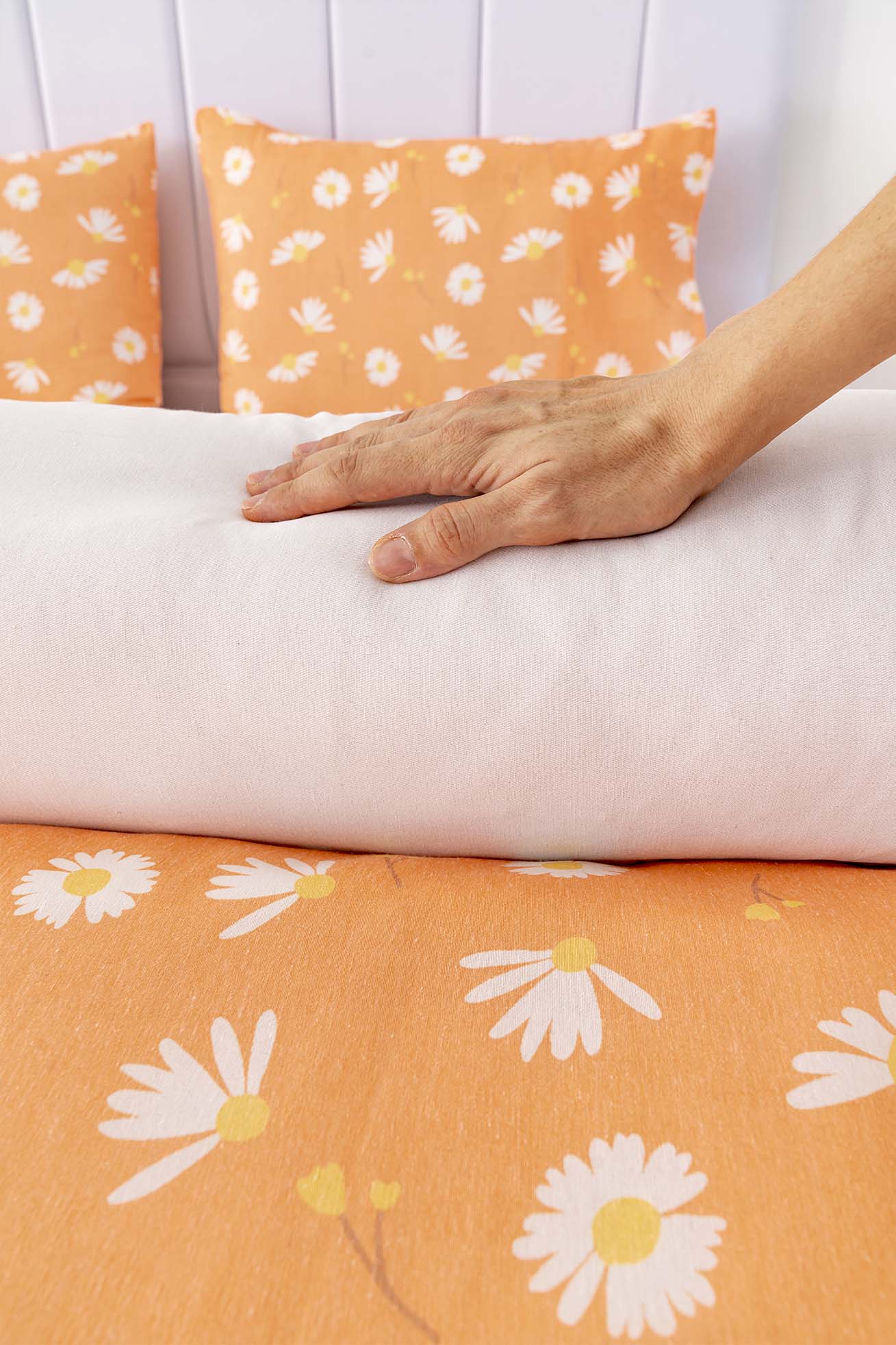 Orange Daisy Polycotton Double Size Duvet Cover Set, Zipper, 200×215 cm, 3-Piece