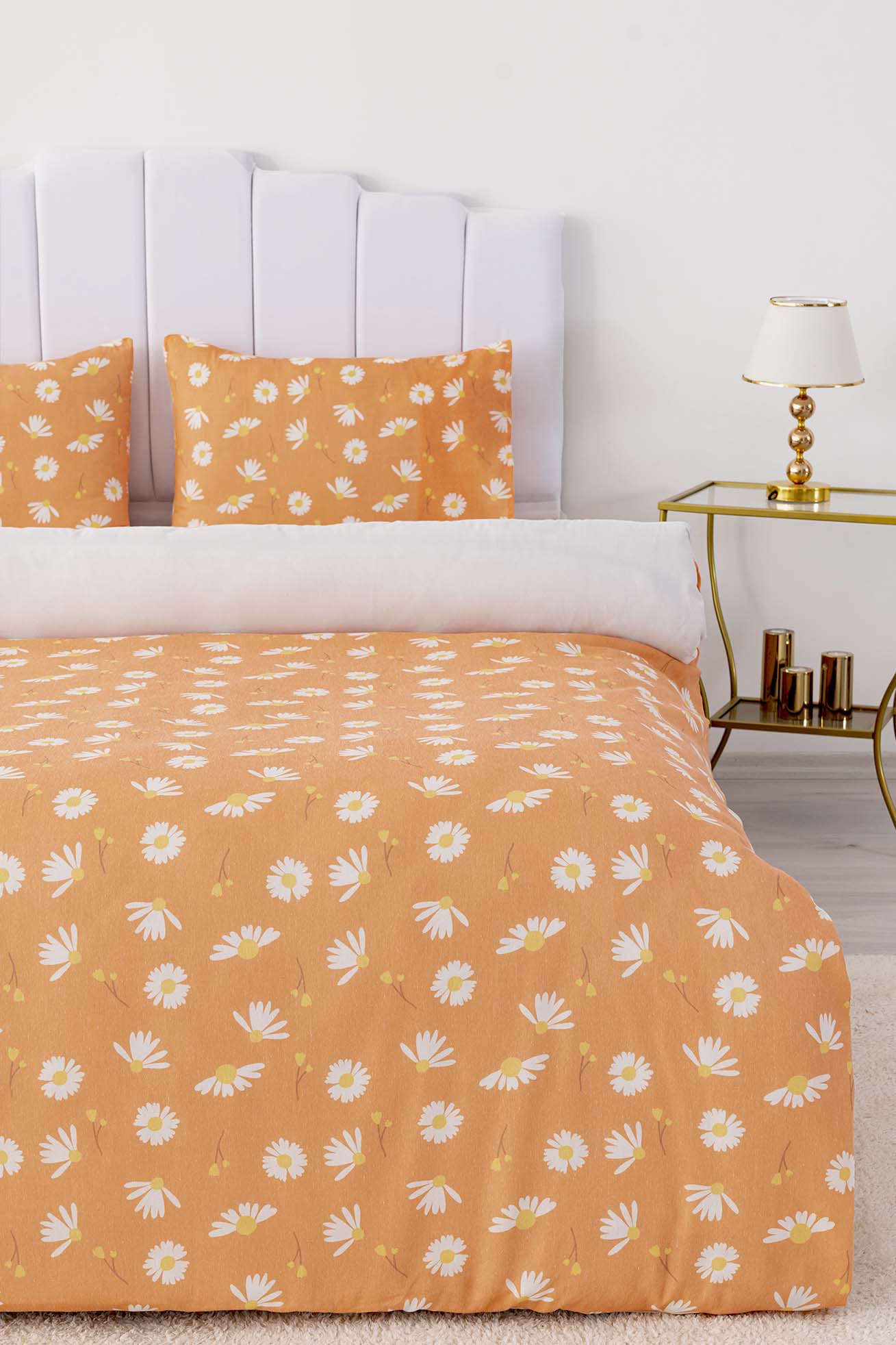 Orange Daisy Polycotton Double Size Duvet Cover Set, Zipper, 200×215 cm, 3-Piece