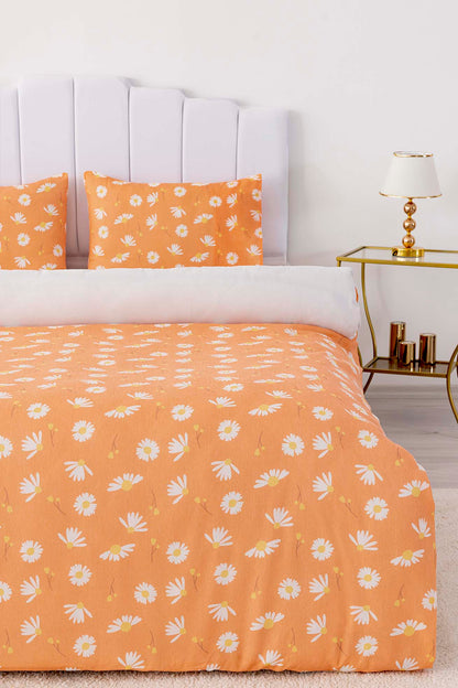 Orange Daisy Polycotton Double Size Duvet Cover Set, Zipper, 200×215 cm, 3-Piece