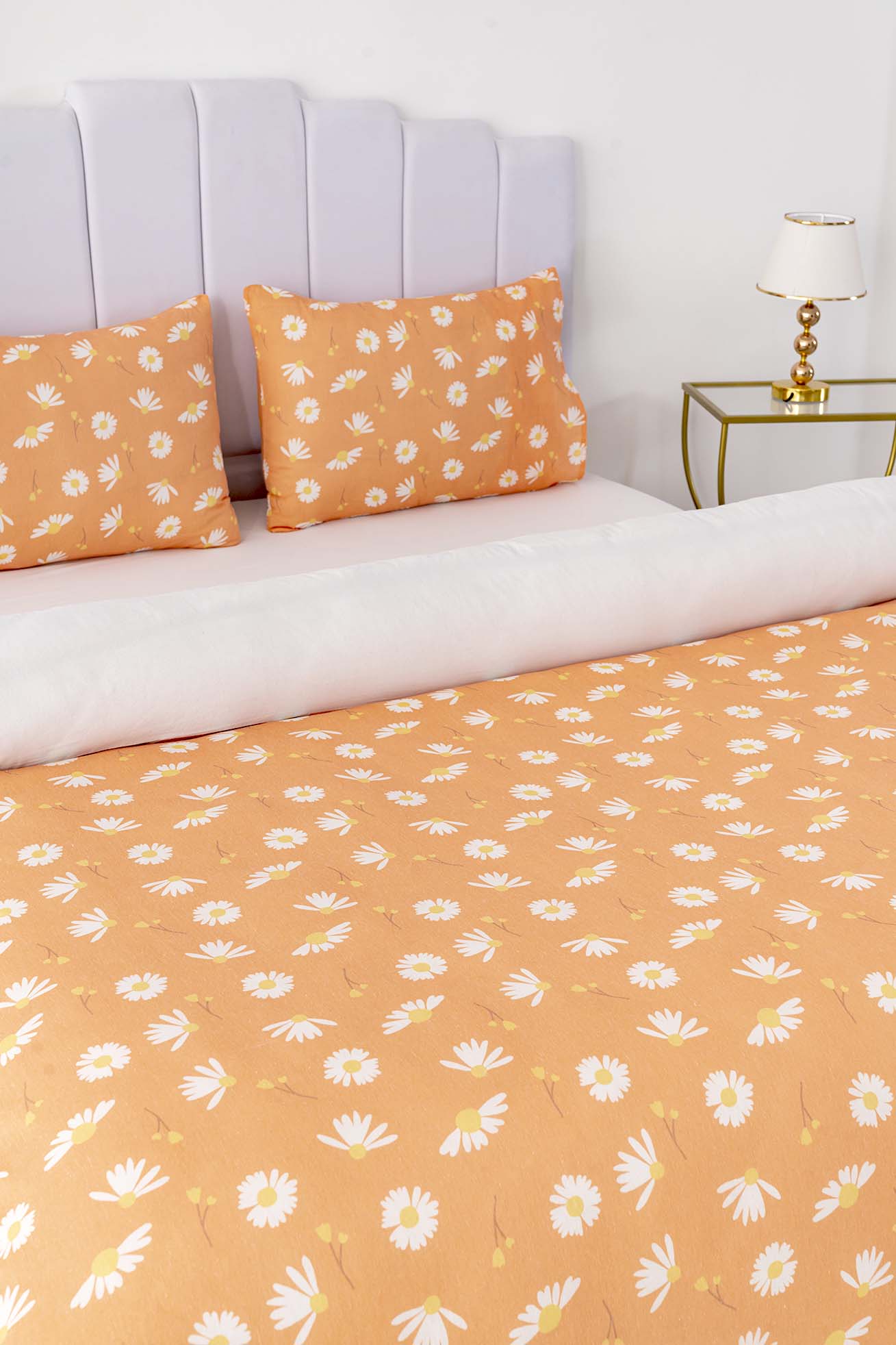 Orange Daisy Polycotton Double Size Duvet Cover Set, Zipper, 200×215 cm, 3-Piece