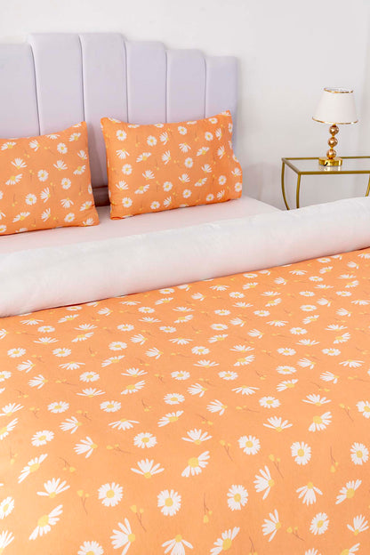 Orange Daisy Polycotton Double Size Duvet Cover Set, Zipper, 200×215 cm, 3-Piece