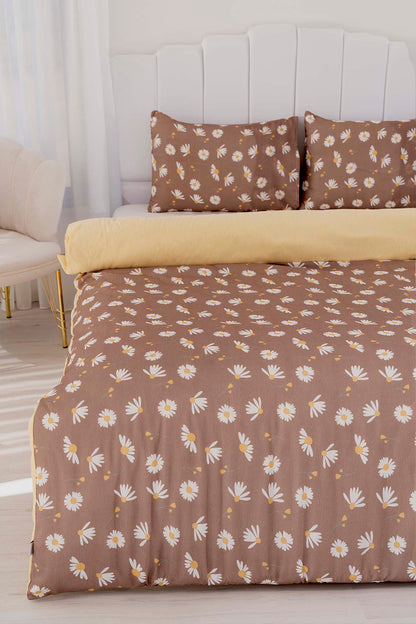 Brown Daisy Polycotton Double Size Duvet Cover Set, Zipper, 200×215 cm, 3-Piece