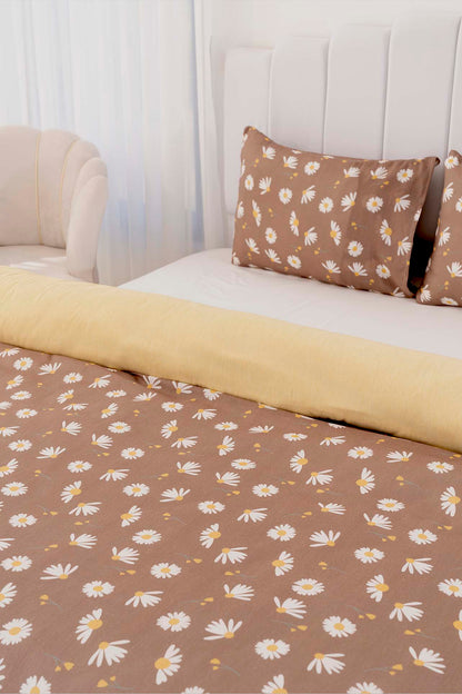 Brown Daisy Polycotton Double Size Duvet Cover Set, Zipper, 200×215 cm, 3-Piece