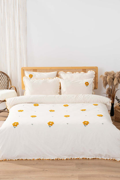 Florita Yellow 100% Cotton Embroidered Duvet Cover Set, 6-Piece Double Size Bedding – Breathable Fabric, 200x220 cm