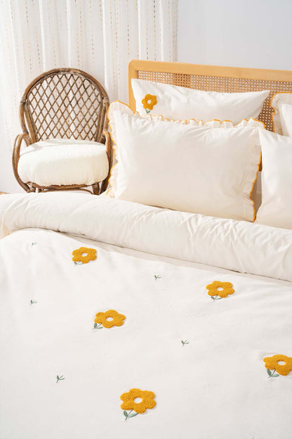 Florita Yellow 100% Cotton Embroidered Duvet Cover Set, 6-Piece Double Size Bedding – Breathable Fabric, 200x220 cm