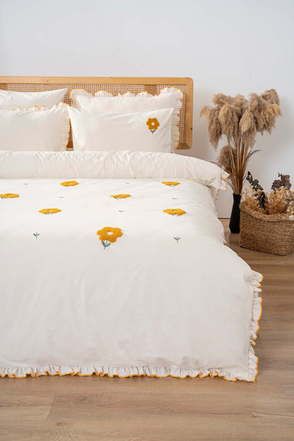 Florita Yellow 100% Cotton Embroidered Duvet Cover Set, 6-Piece Double Size Bedding – Breathable Fabric, 200x220 cm